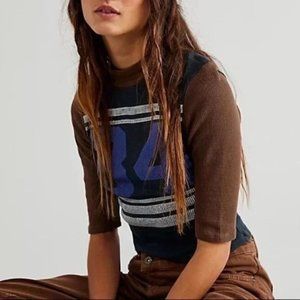 Free People Brown and Black Short Sleeve Layered-Look Tee with Blue Graphic